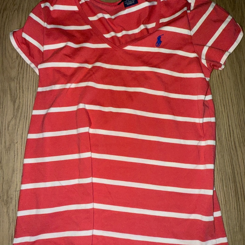 Ralph Lauren Coral and White Striped V-Neck Tee‎